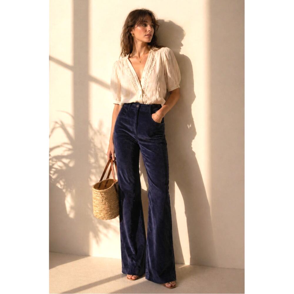 Babaton 8 High Rise Flare Corduroy Velvet Pants Navy NWT Straight Leg Bootcut
